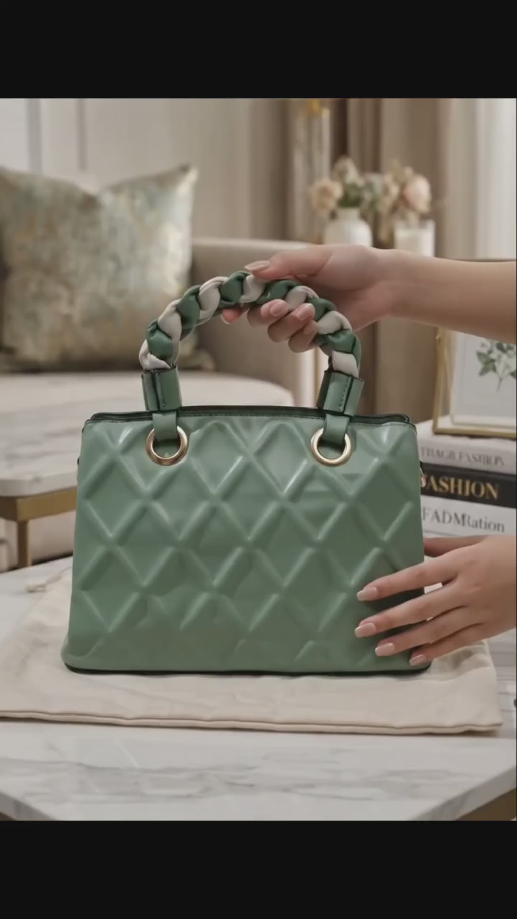 Sage Green Quilted Satchel with Braided Handle