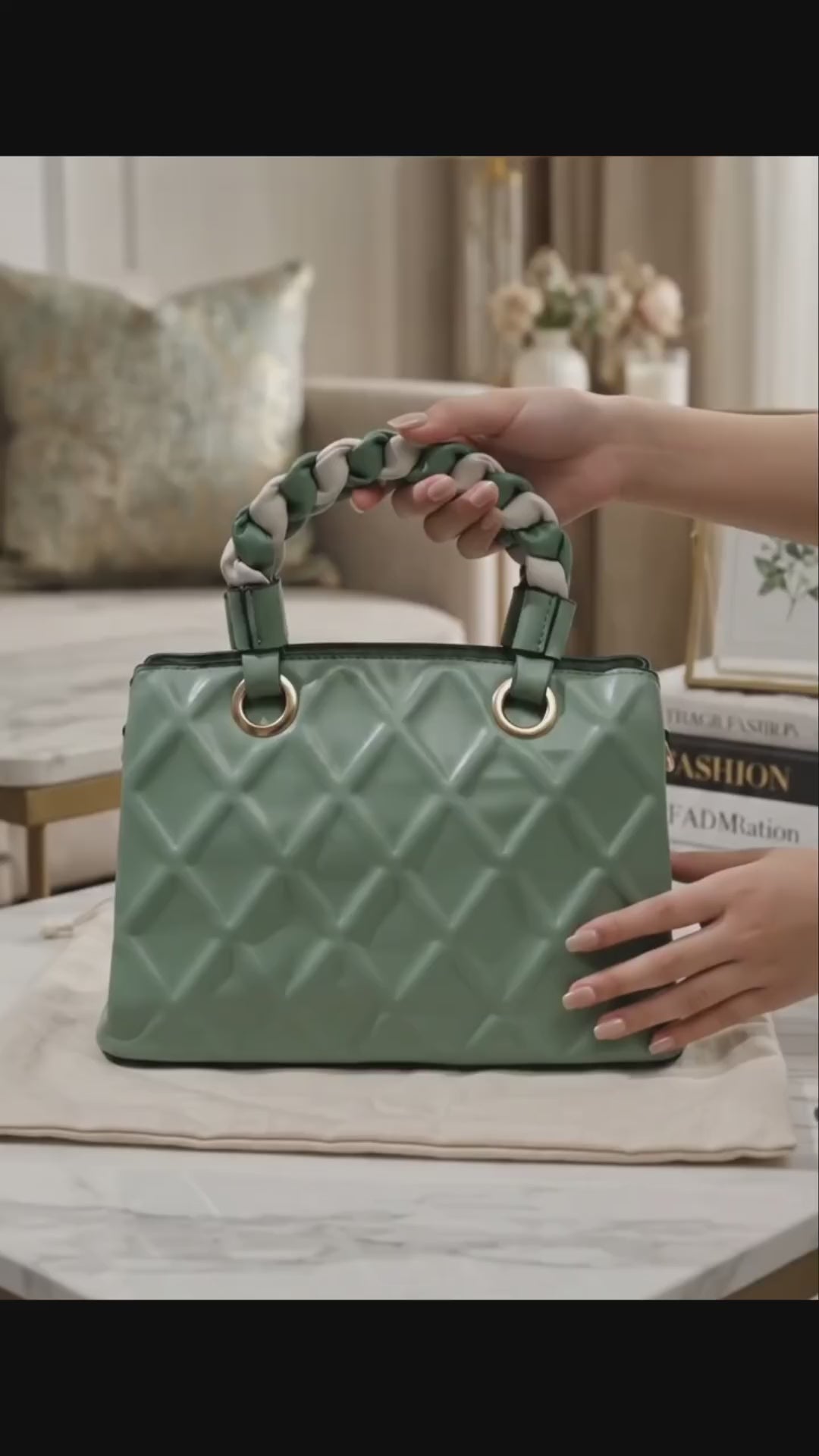 Sage Green Quilted Satchel with Braided Handle