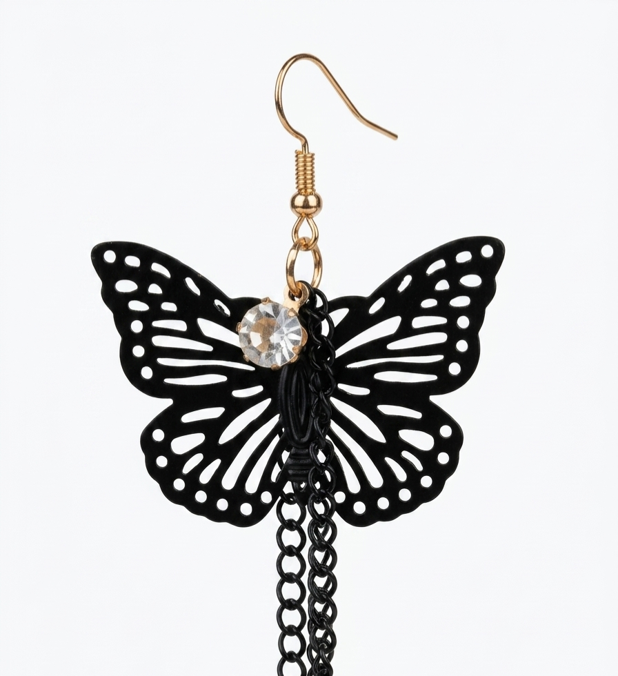Vintage Black Butterfly Dangle Earrings with Chains & Crystals