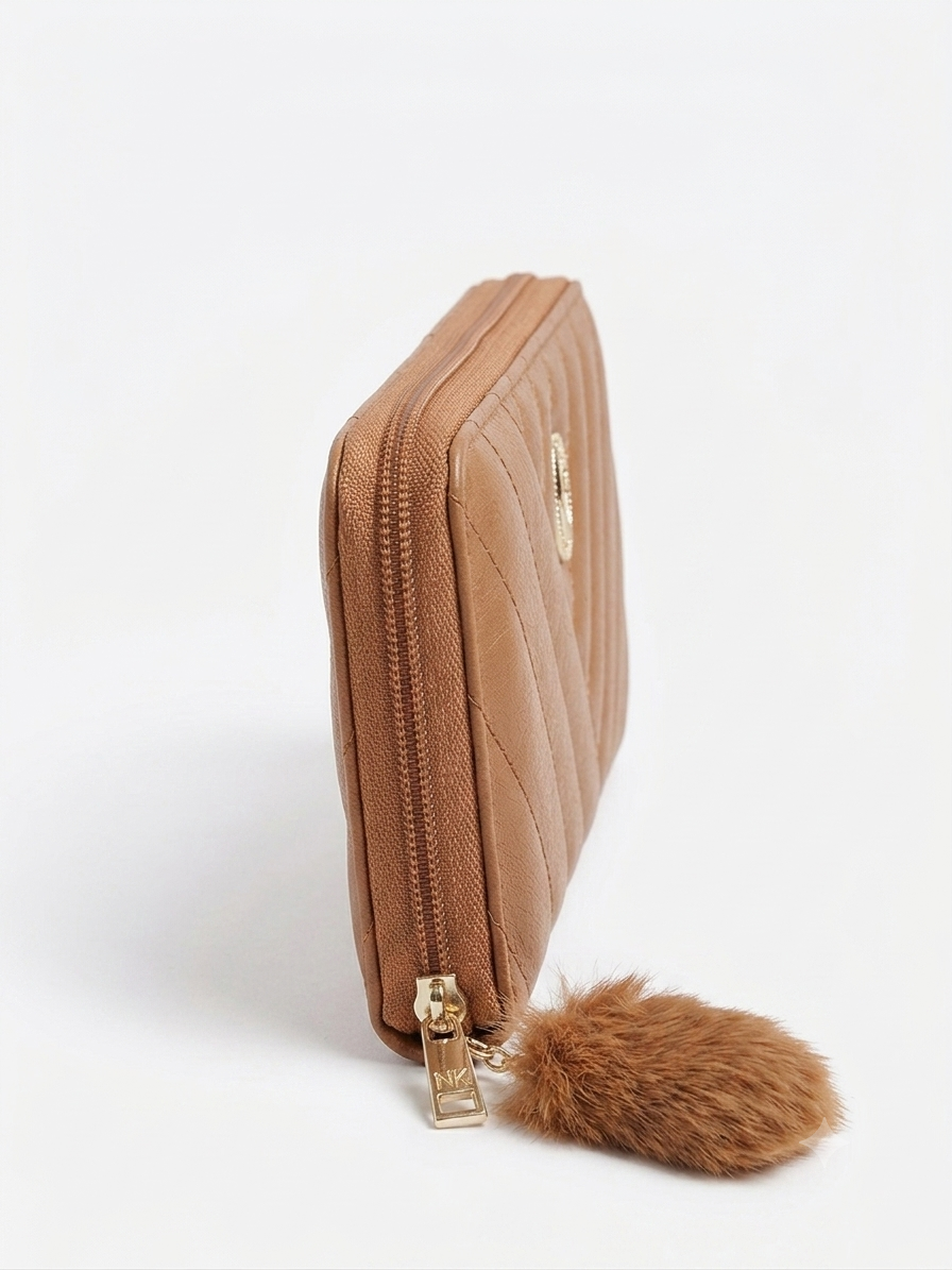 Women's Zip-Around Quilted Wallet with Fur Tassel Accent