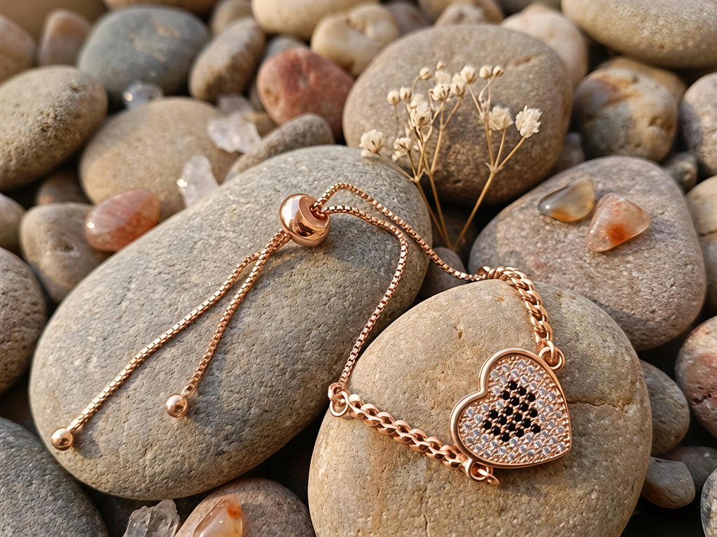 Rose Gold Crystal Heart Bolo Bracelet