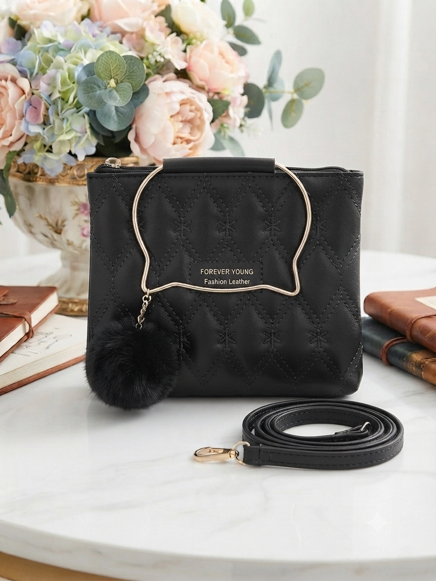 Imported Quilted Fashion Leather Handbag with Metal Handle & Fur Charm