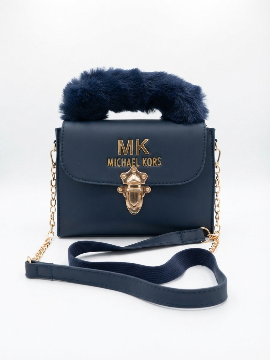 Navy Blue Crossbody Bag with Faux Fur Handle