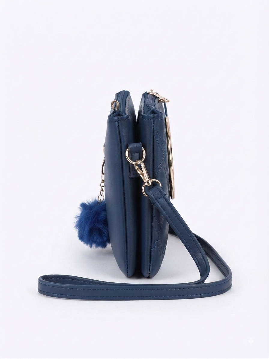 Imported Quilted Fashion Leather Handbag with Metal Handle & Fur Charm