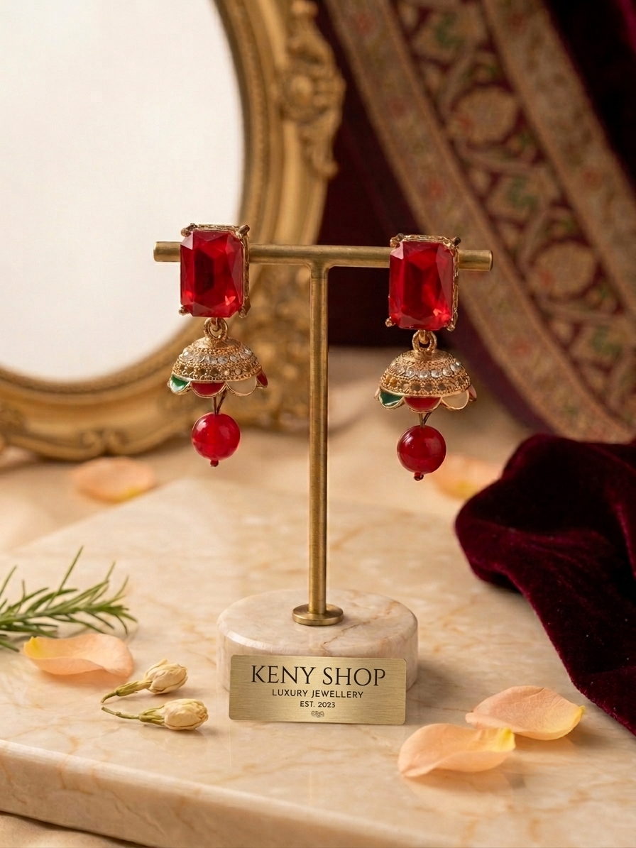 Royal Red Gemstone Jhumka Earrings with Antique Gold Finish