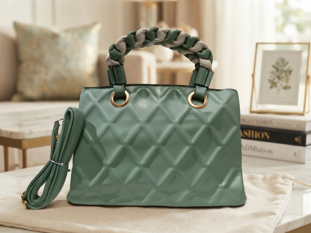 Sage Green Quilted Satchel with Braided Handle