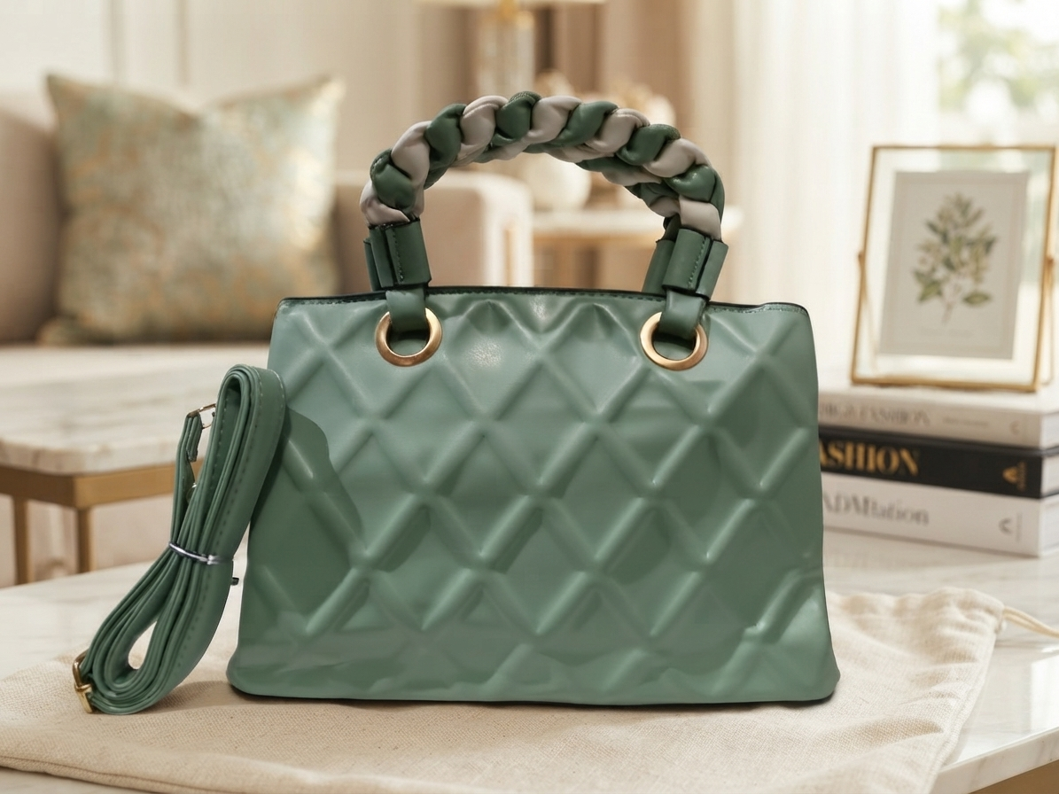 Sage Green Quilted Satchel with Braided Handle