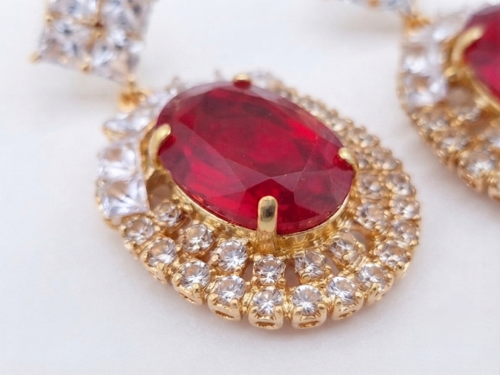 Classic Oval Ruby Red Crystal Halo Drop Earrings
