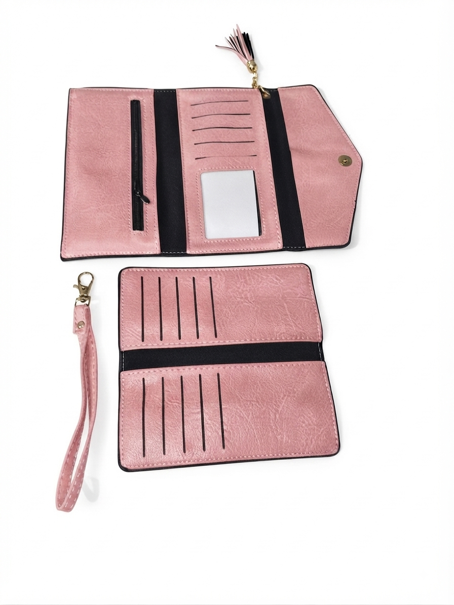 Elegant Pink Textured Wallet & Clutch Set with Gold-Tone Detailing