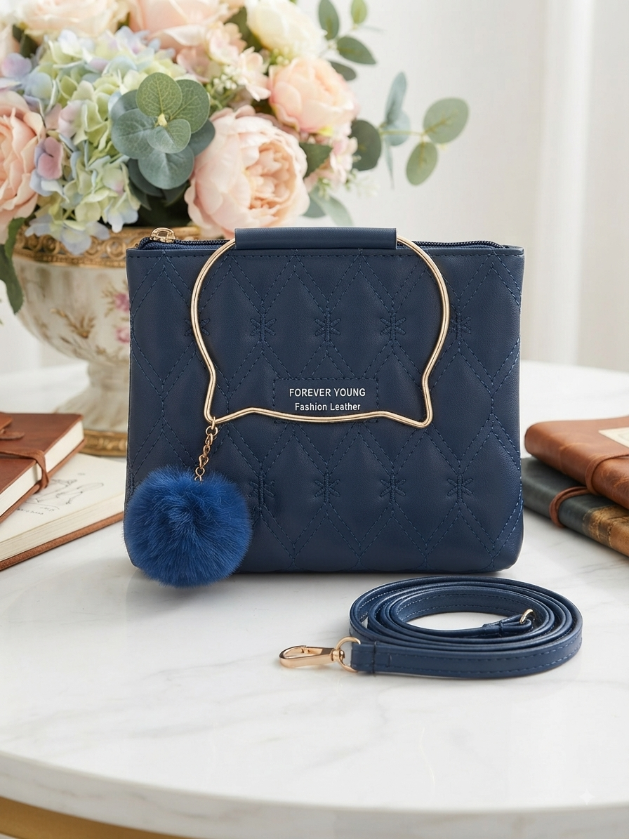 Imported Quilted Fashion Leather Handbag with Metal Handle & Fur Charm
