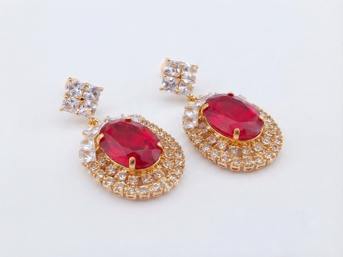 Classic Oval Ruby Red Crystal Halo Drop Earrings