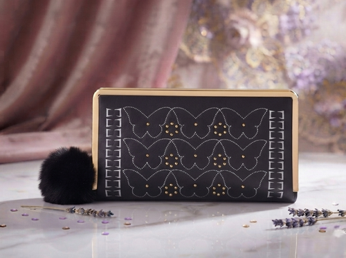 Butterfly Design Leather Clutch with Pom-Pom