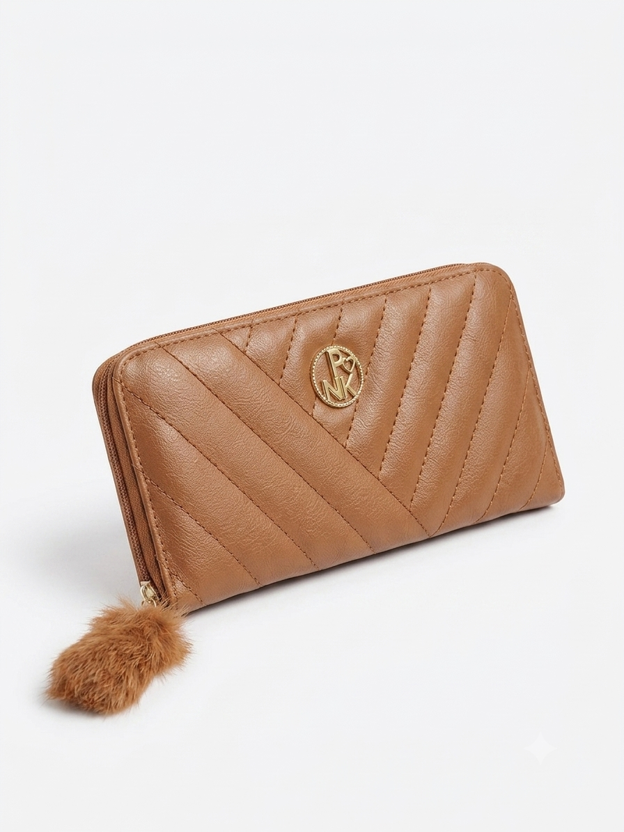 Women's Zip-Around Quilted Wallet with Fur Tassel Accent