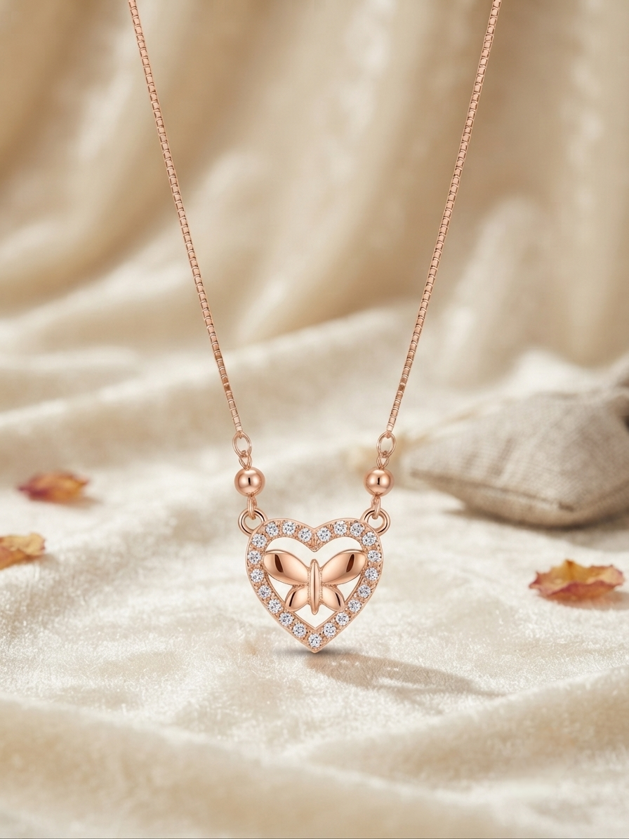 Rose Gold Butterfly & Heart Diamond Pendant Necklace
