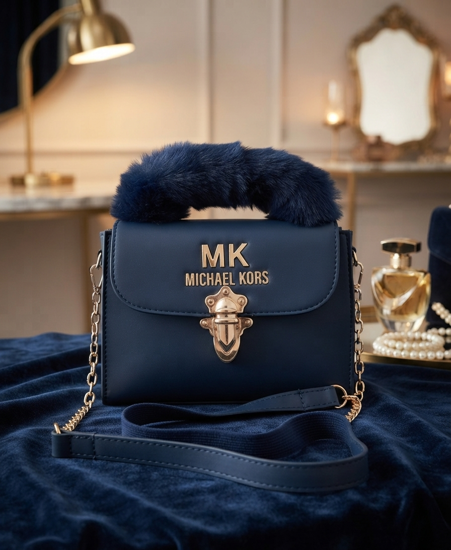Navy Blue Crossbody Bag with Faux Fur Handle