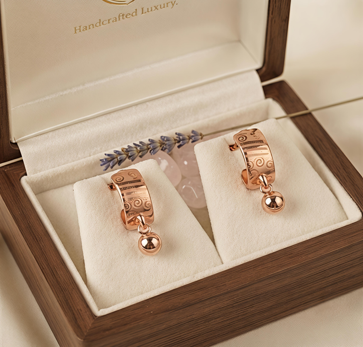 Rose Gold Engraved Swirl Hoop Earrings with Hanging Ball Charm