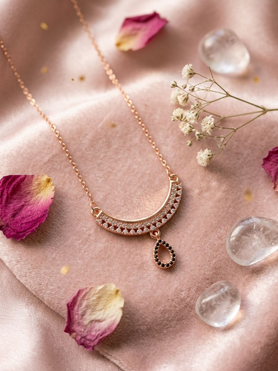 Rose Gold Plated Half Moon Pendant Necklace with Sparkling Crystals