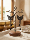 Vintage Black Butterfly Dangle Earrings with Chains & Crystals