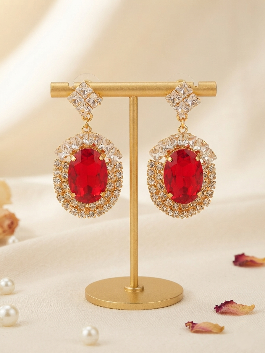Classic Oval Ruby Red Crystal Halo Drop Earrings