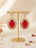 Classic Oval Ruby Red Crystal Halo Drop Earrings