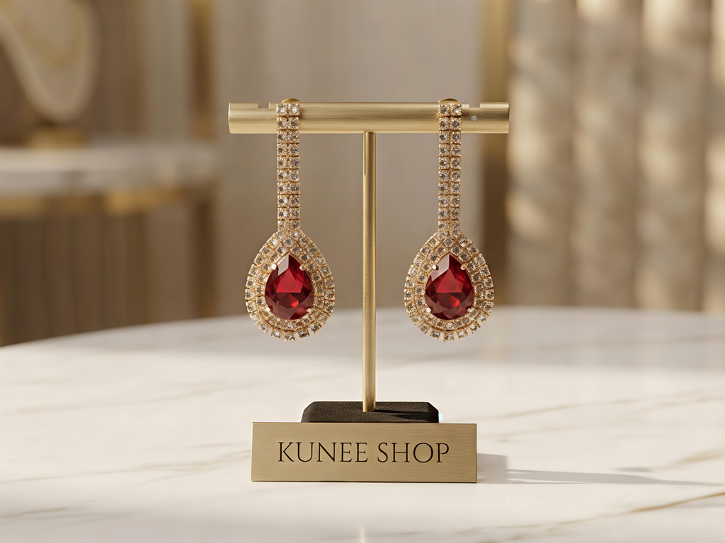 Ruby Red Pear-Cut Drop Earrings with Crystal Rhinestone Halo