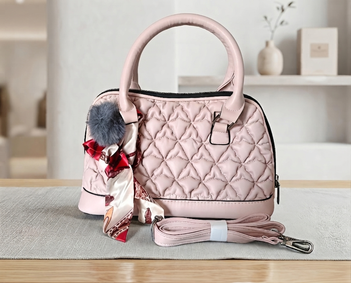 Elegant Quilted Pink Handbag with Scarf & Pom-Pom Charm