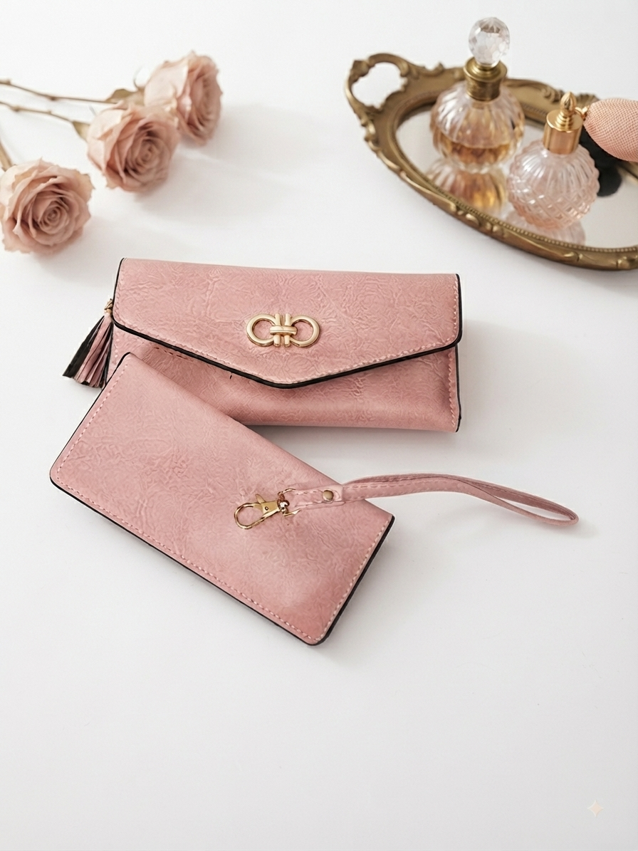 Elegant Pink Textured Wallet & Clutch Set with Gold-Tone Detailing