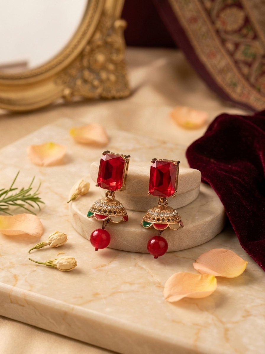 Royal Red Gemstone Jhumka Earrings with Antique Gold Finish