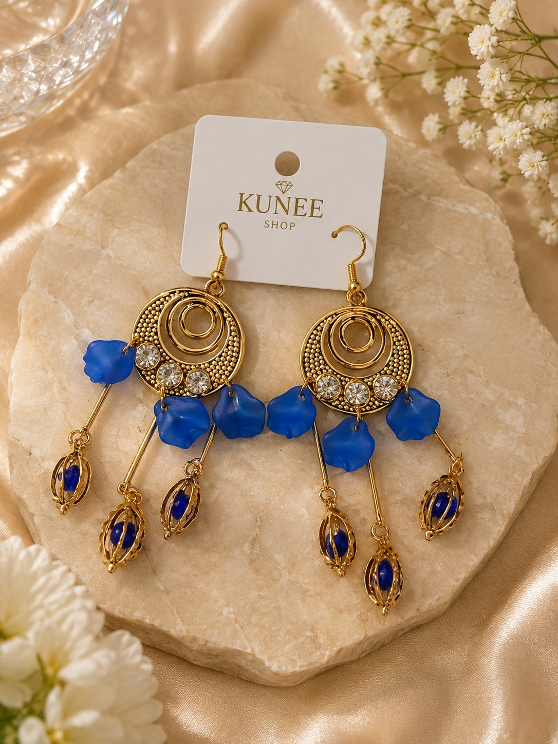 Gold-Tone Chandelier Earrings with Blue Petal Beads and Rhinestones