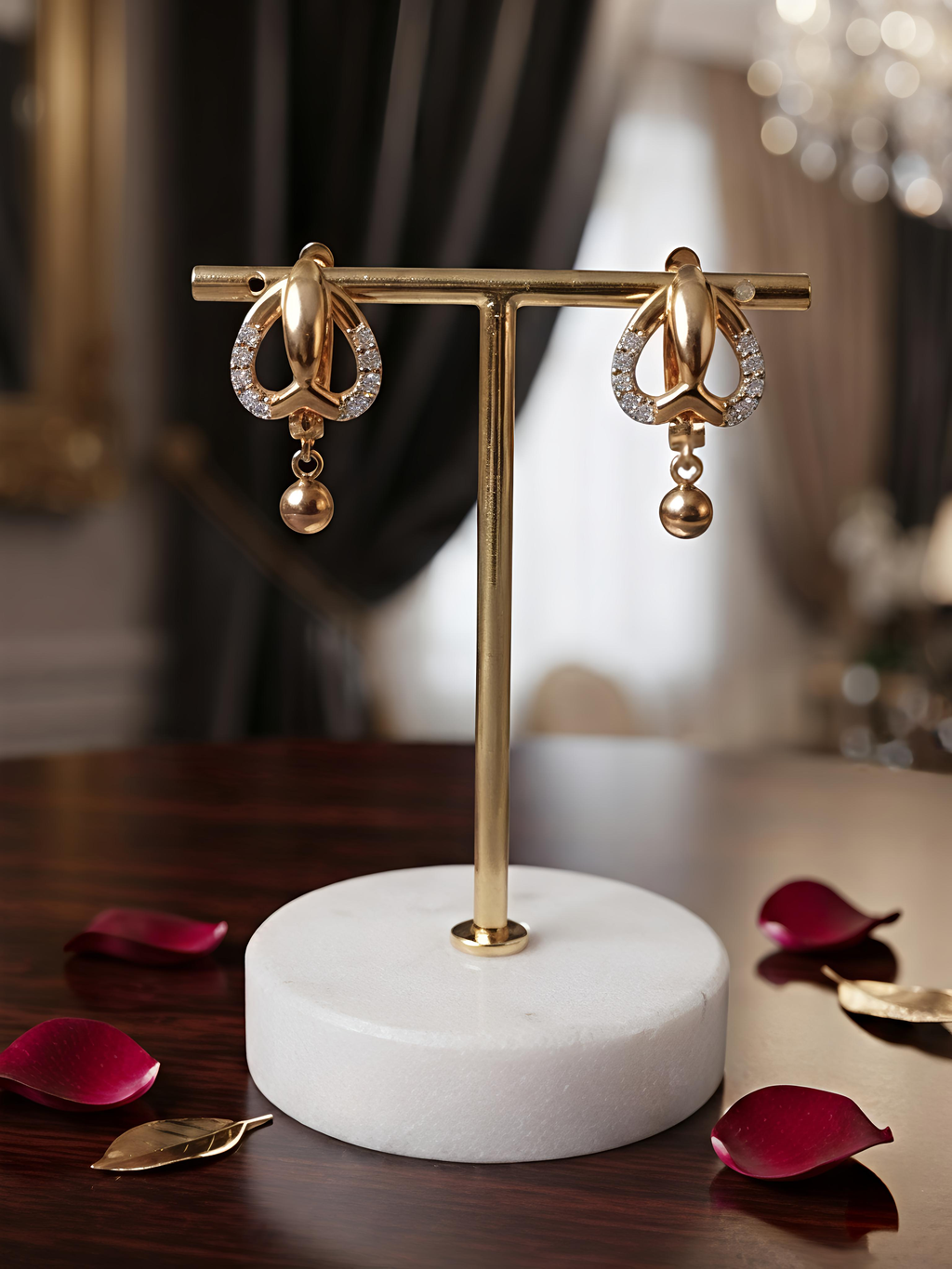 Gold-Plated Designer Crystal Earrings with Hanging Ball Charm