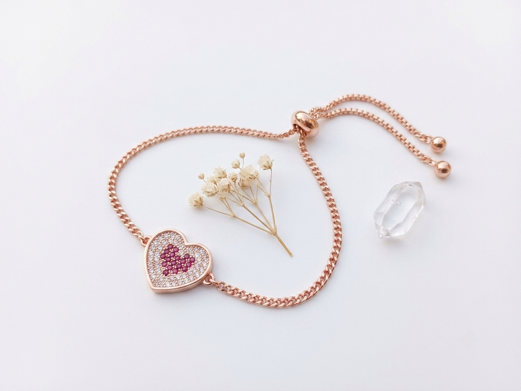 Rose Gold Crystal Heart Bolo Bracelet