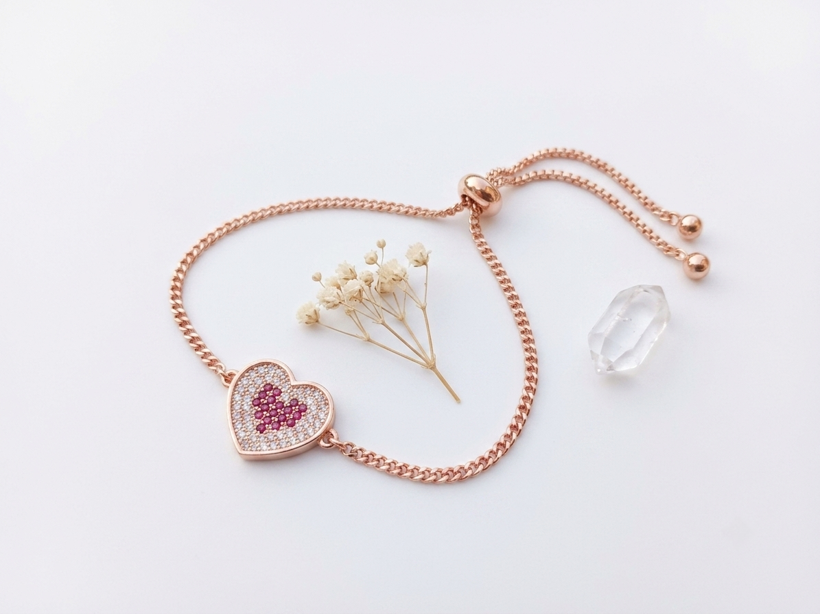 Rose Gold Crystal Heart Bolo Bracelet