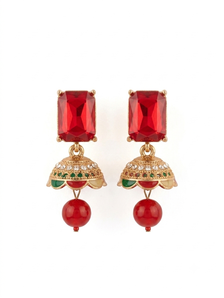 Royal Red Gemstone Jhumka Earrings with Antique Gold Finish