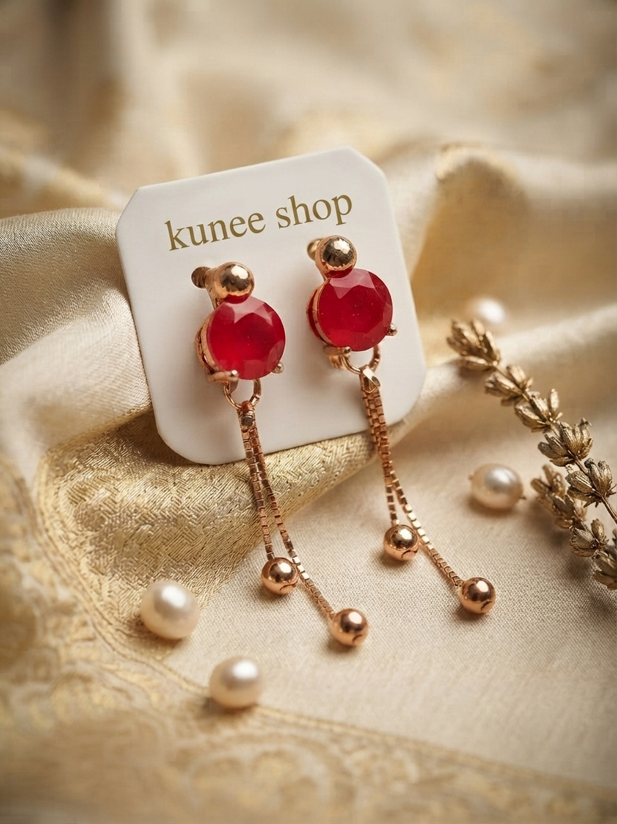 Ruby Red Crystal Drop & Tassel Chain Earrings for Women