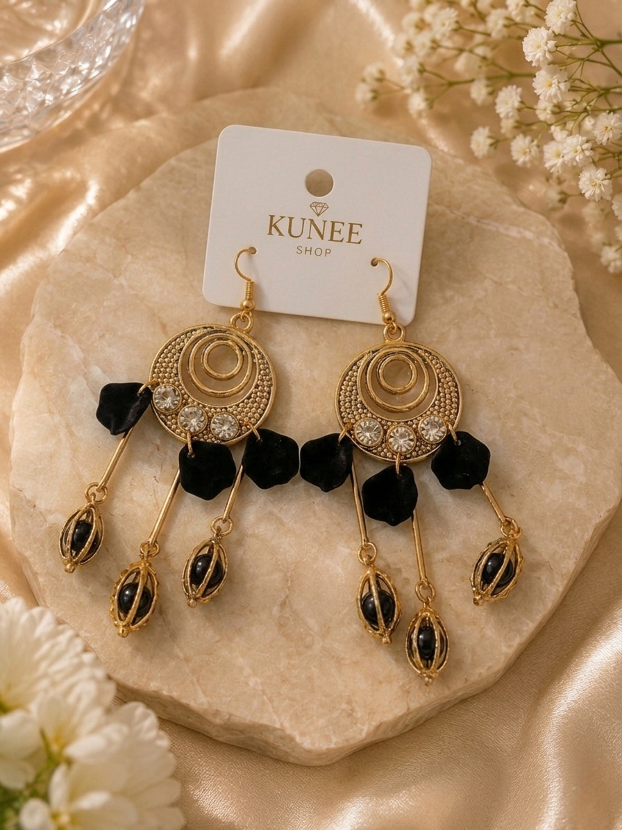 Gold-Tone Chandelier Earrings with Blue Petal Beads and Rhinestones