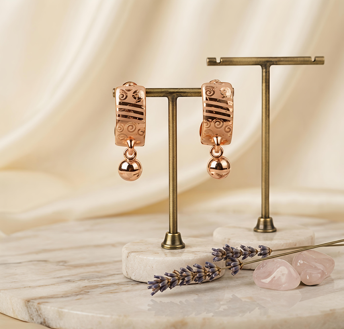 Rose Gold Engraved Swirl Hoop Earrings with Hanging Ball Charm