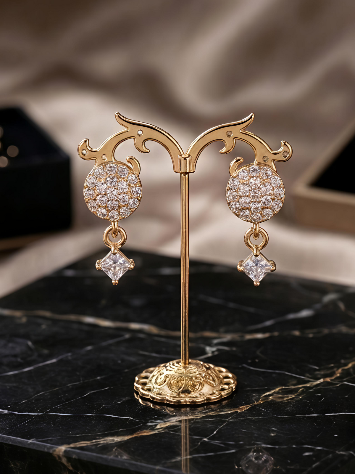 Fashion Zircon Stone Tops Earrings with Hanging Square Accent