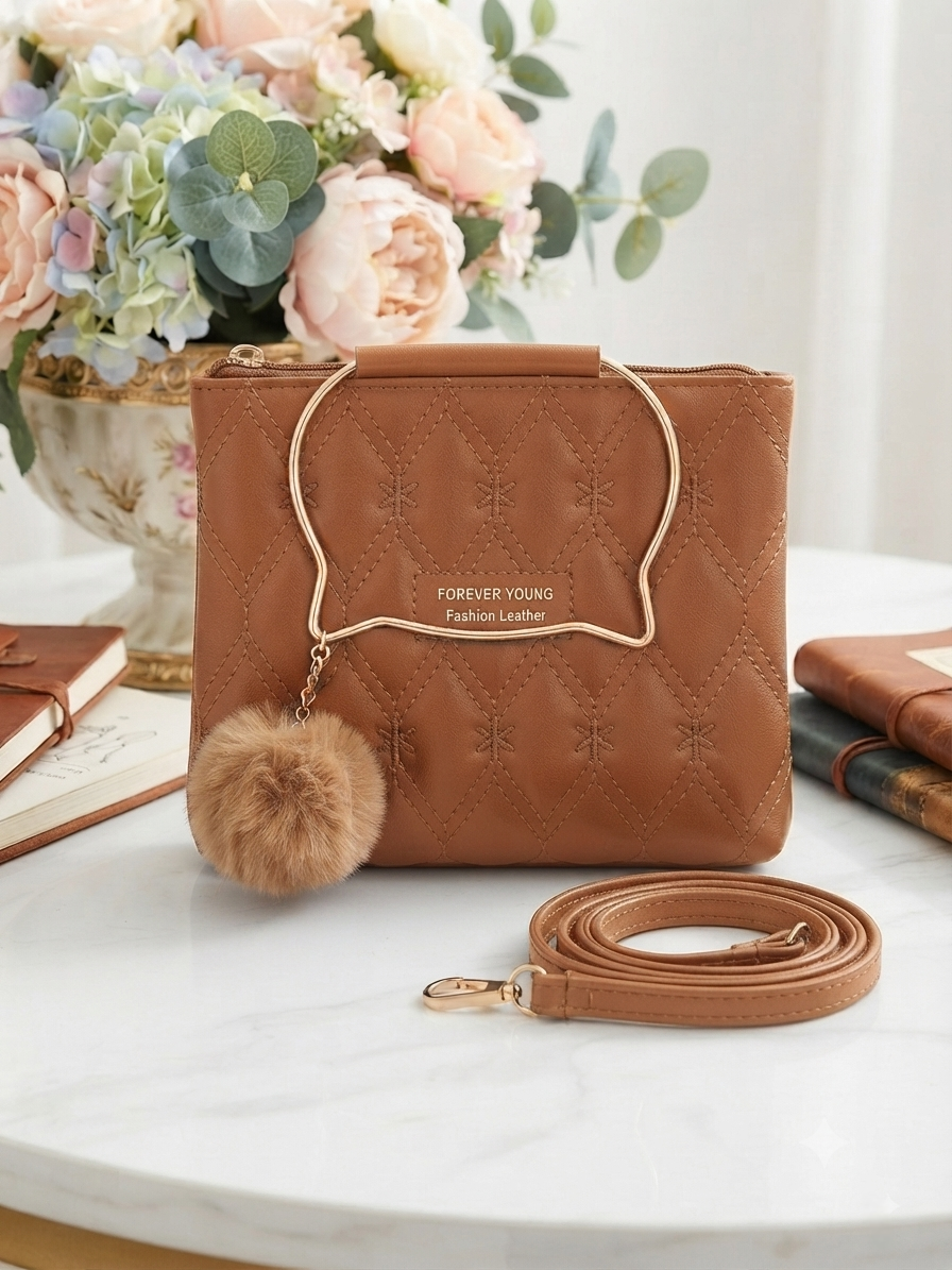 Imported Quilted Fashion Leather Handbag with Metal Handle & Fur Charm