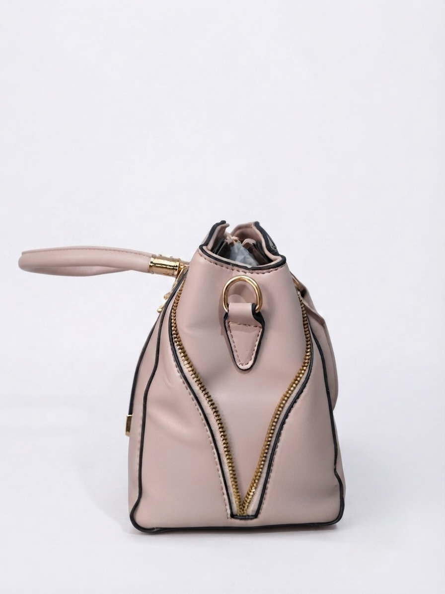 Classic Beige Structured Handbag with Gold Hardware & Detachable Strap
