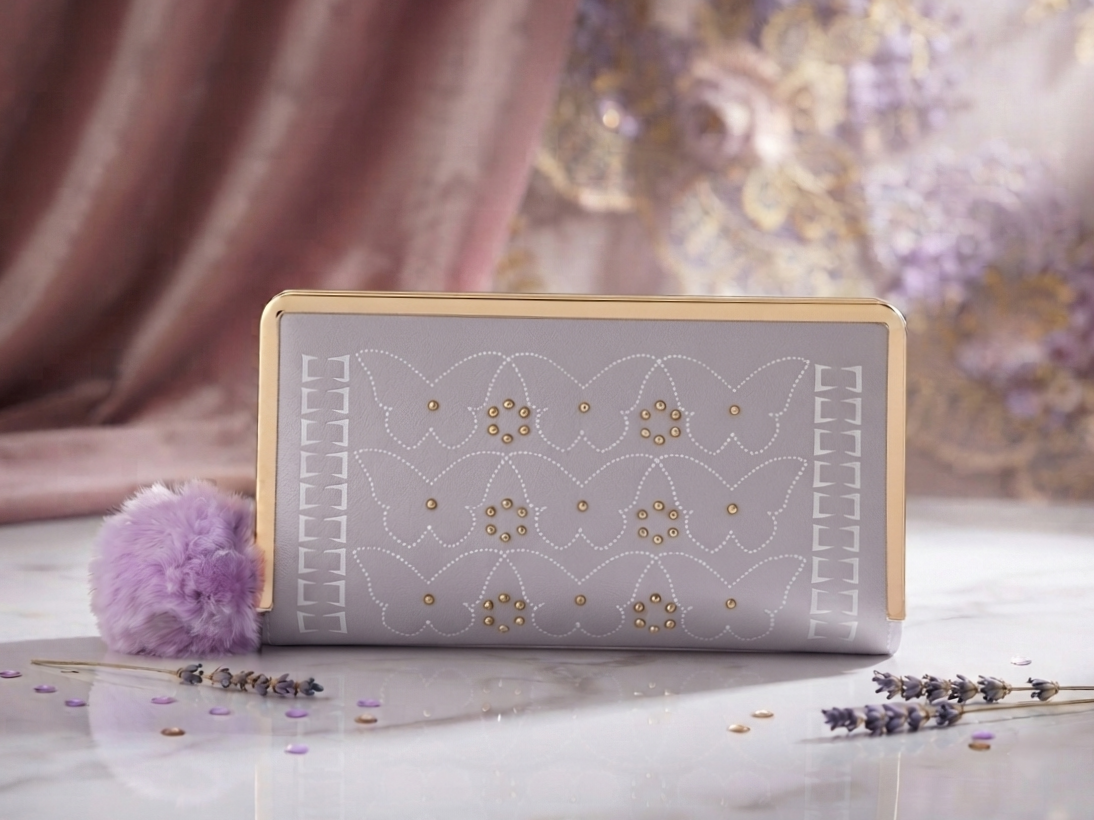 Butterfly Design Leather Clutch with Pom-Pom