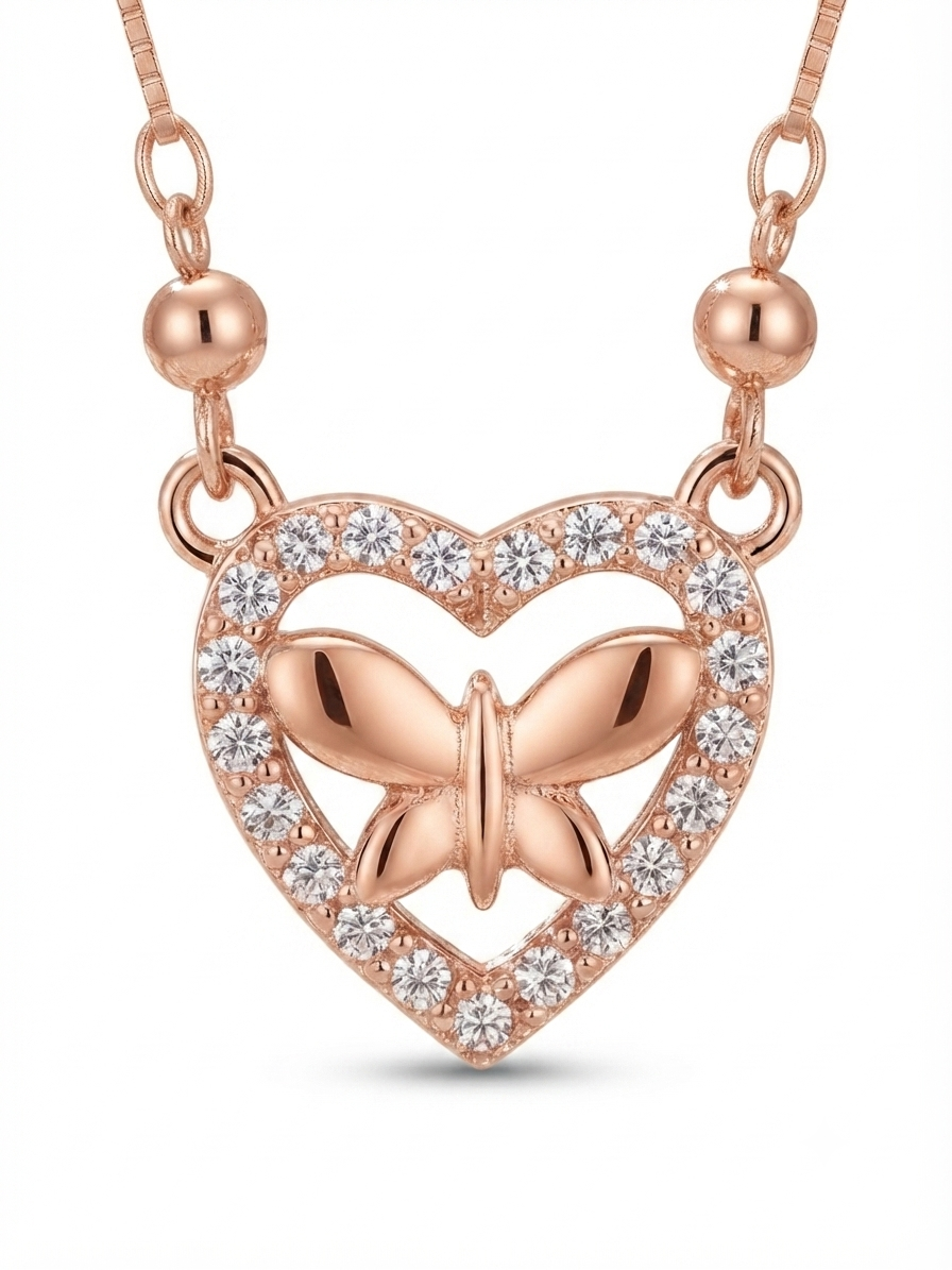 Rose Gold Butterfly & Heart Diamond Pendant Necklace