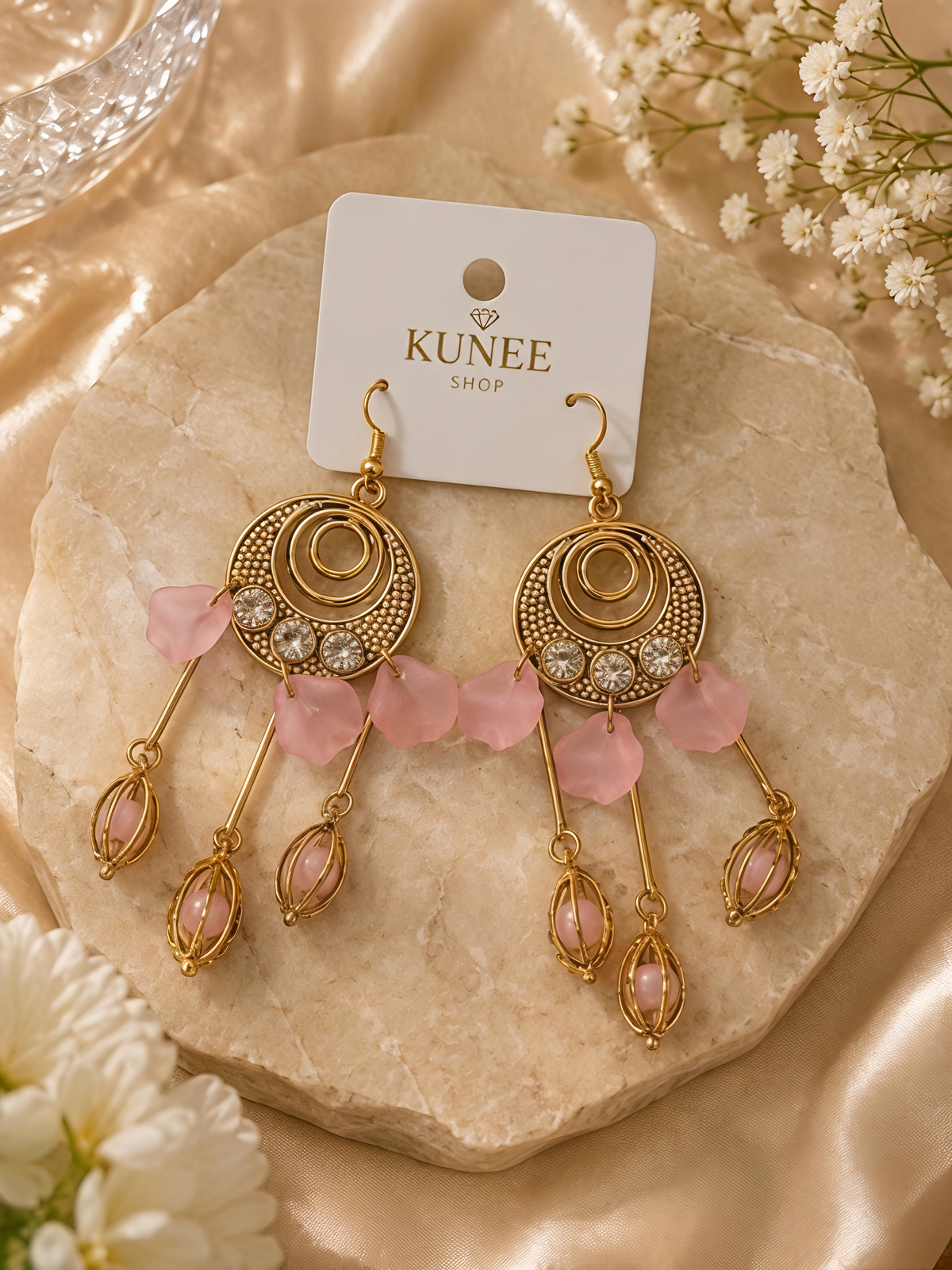 Gold-Tone Chandelier Earrings with Blue Petal Beads and Rhinestones