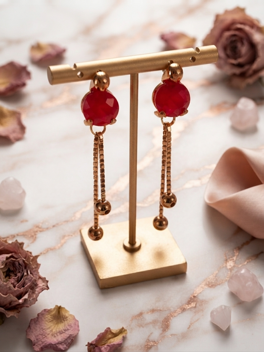 Ruby Red Crystal Drop & Tassel Chain Earrings for Women