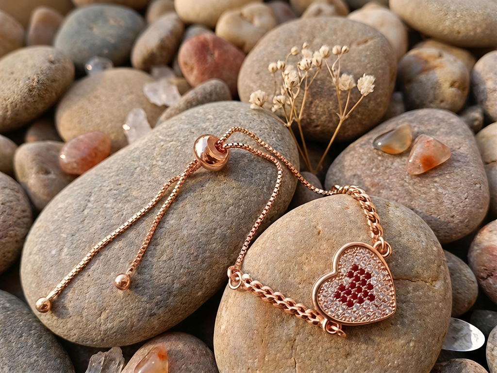 Rose Gold Crystal Heart Bolo Bracelet
