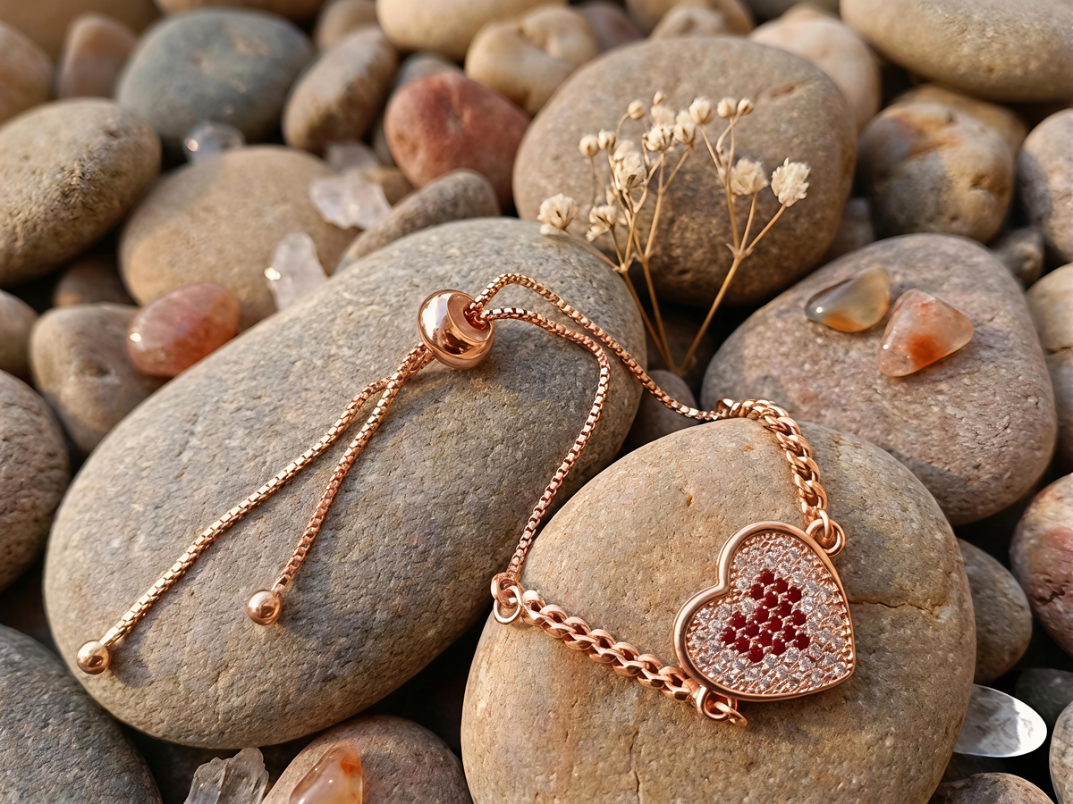 Rose Gold Crystal Heart Bolo Bracelet
