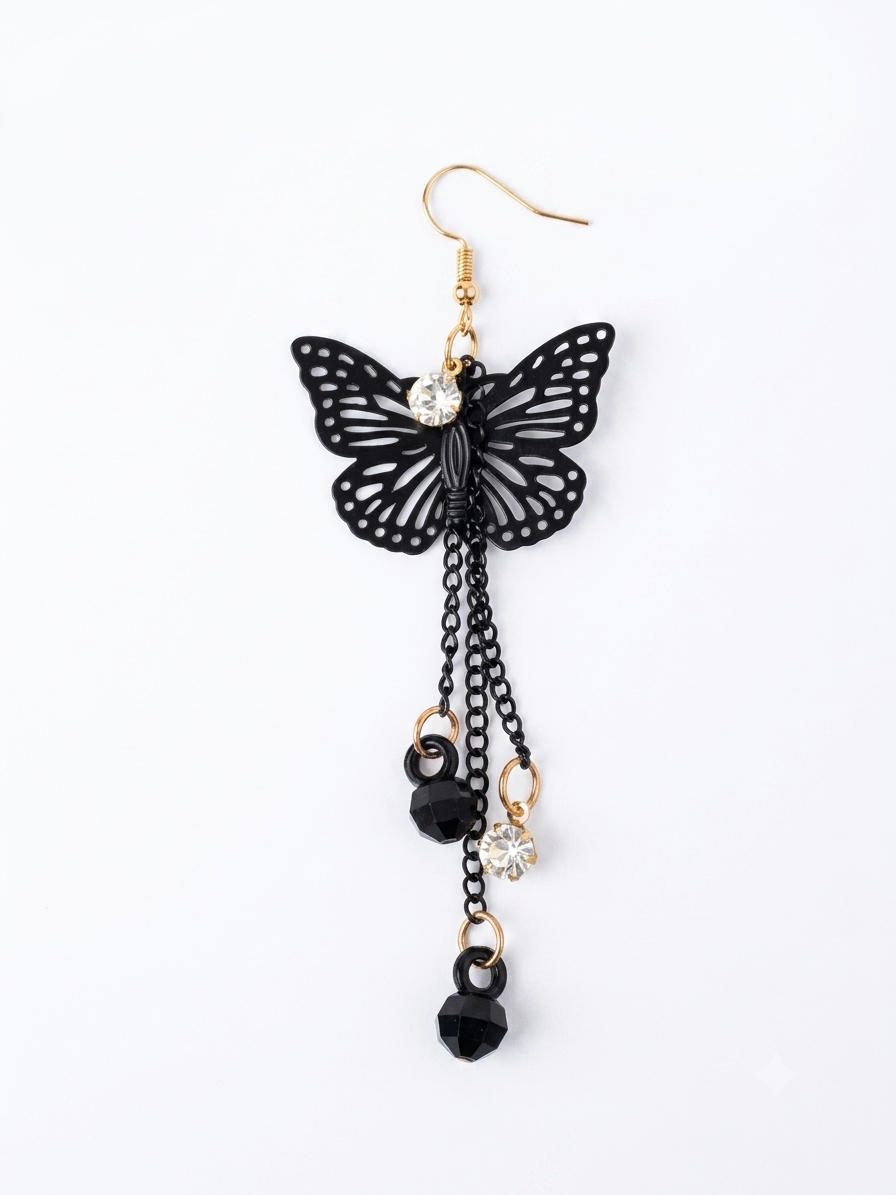 Vintage Black Butterfly Dangle Earrings with Chains & Crystals