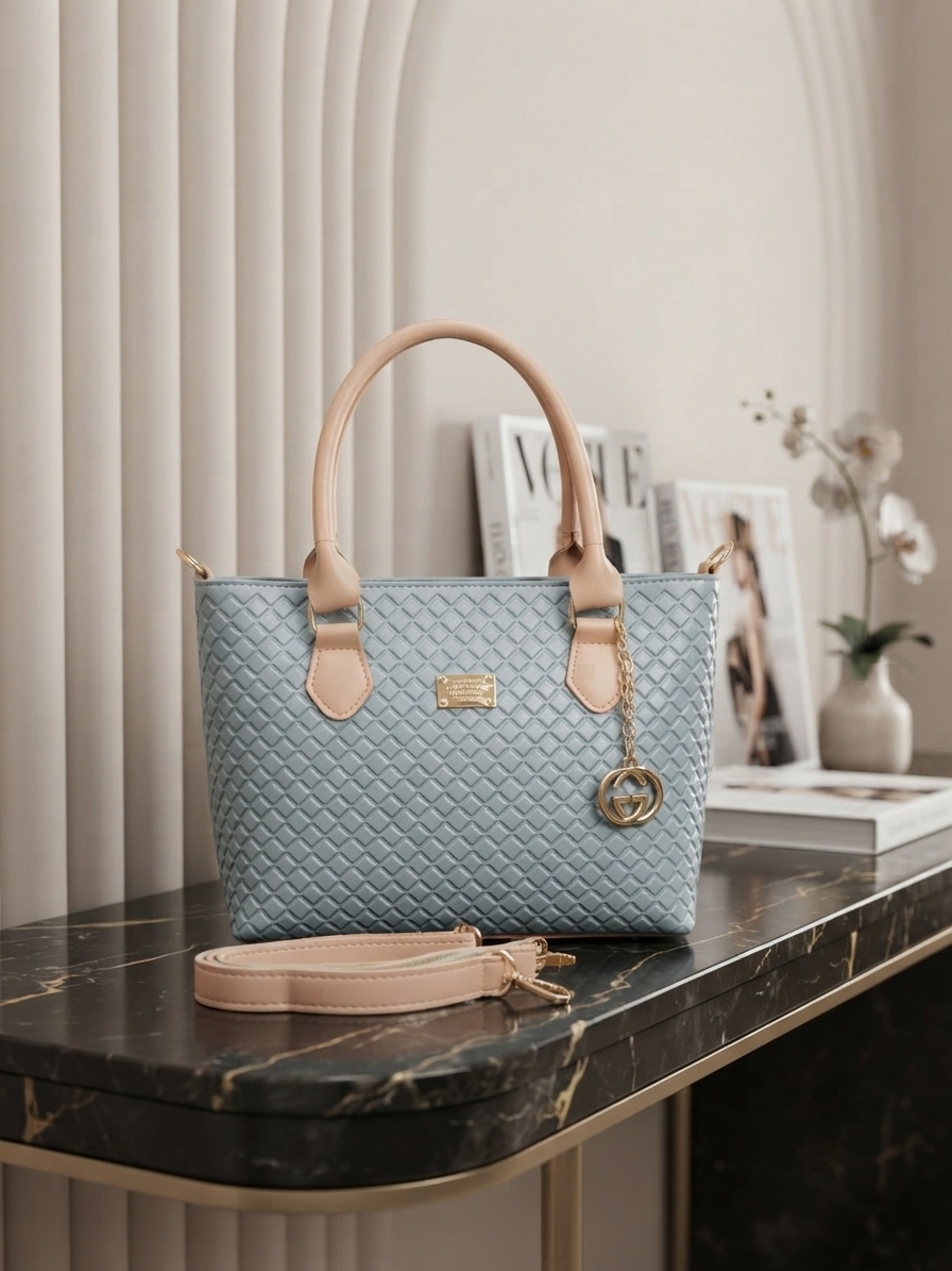 Premium Synthetic Leather Ladies Handbag with Golden Accents - Pastel Blue