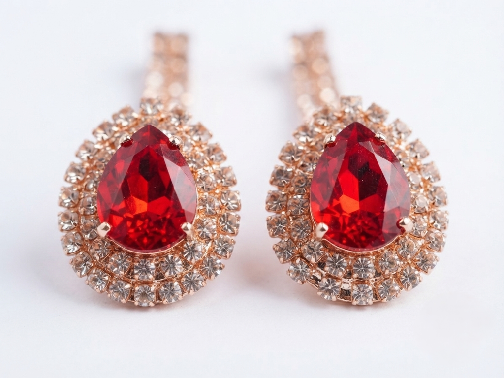 Ruby Red Pear-Cut Drop Earrings with Crystal Rhinestone Halo