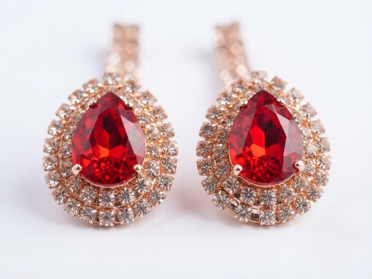 Ruby Red Pear-Cut Drop Earrings with Crystal Rhinestone Halo