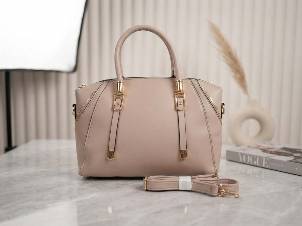 Classic Beige Structured Handbag with Gold Hardware & Detachable Strap